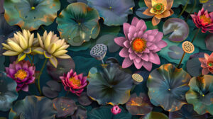 A portrayal of lotus flowers and lily pads featuring vivid hues and delicate patterns that evoke a feeling of serenity and equilibrium