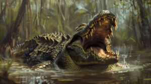 A powerful image of a crocodile with its jaws wide open, showcasing its sharp teeth and muscular build against a swampy backdrop