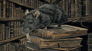 A rat sketched in detail among piles of old books and ancient scrolls in a library setting featured in the wallpaper titled library rat scene.jpg