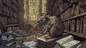 A rat sketched intricately within the confines of an aged library encompassed by piles of books and weathered scrolls captured in a jpeg titled rat in old library.jpg