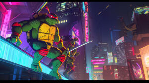 A retro inspired wallpaper with the Ninja Turtles in their classic 80s cartoon style, set against a neon cityscape