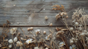 A serene arrangement of dried flowers in muted shades, artfully scattered across a rustic wooden surface