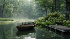 A serene country lake embraced by lush woods featuring a petite rowboat tethered to a wooden dock captured in country lake wallpaper.jpg