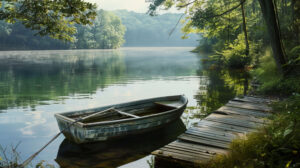 A serene country lake embraced by thick woods featuring a small rowboat tethered to a wooden dock in wallpaper.jpg