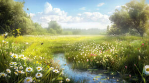 A serene image of a country meadow with wildflowers in full bloom, buzzing bees, and a gentle stream running through it