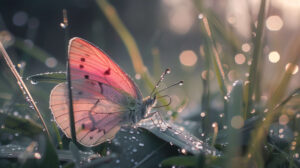 A serene image of a pink butterfly resting on a dew covered leaf, with the morning sunlight casting a gentle glow