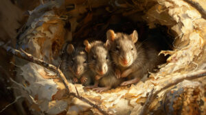 A serene image of a rat family cuddled together in a nest made of soft, shredded paper