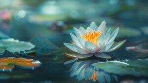 A serene image of a single lotus flower in full bloom, floating gracefully on the surface of a tranquil pond