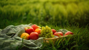A serene image of fruits arranged on a picnic blanket in a lush green field, with a soft focus and warm lighting