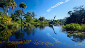 A serene image of long necked brachiosauruses grazing in a tranquil lake, surrounded by lush vegetation and a clear blue sky