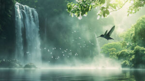 A serene scene captures a hummingbird in flight by a waterfall enveloped in mist and sunlight evoking a magical ambiance. File name magical hummingbird waterfall.jpg