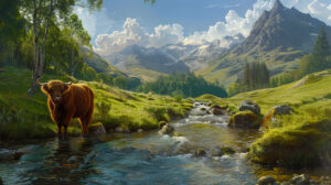 A serene scene capturing a Highland cow beside a sparkling stream framed by mountains and verdant foliage in the backdrop is featured in the wallpaper titled Highland Bliss