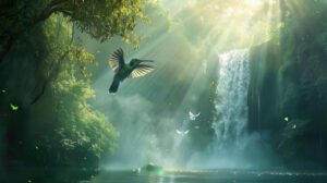 A serene scene featuring a hummingbird near a waterfall surrounded by mist and sunlight producing a enchanting ambiance