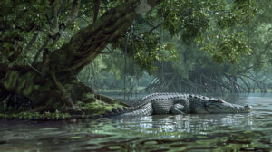 A serene scene of a crocodile resting in the shade of a mangrove tree, partially submerged in the cool, dark waters of a tropical wetland
