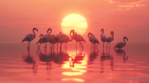A serene scene of a flock of flamingos wading in shallow waters, their reflections mirrored perfectly against a backdrop of a setting sun