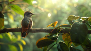 A serene scene of a hummingbird resting on a branch, surrounded by lush greenery and dappled sunlight