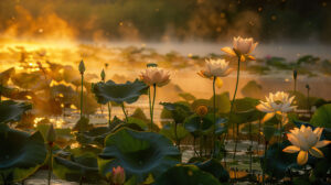 A serene scene of a lotus pond at sunrise, with the flowers bathed in golden light and a mist rising from the water