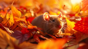 A serene scene of a rat peeking out from a pile of autumn leaves, with warm, earthy tones and soft lighting