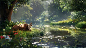 A serene scene of a strawberry cow resting beside a sparkling pond, surrounded by lush greenery and flowers