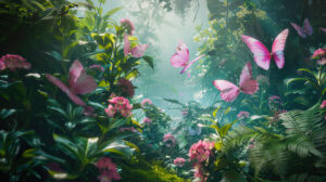 A serene scene of pink butterflies fluttering around a garden in full bloom, with vibrant flowers and lush greenery