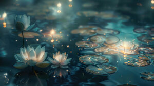 A serene scene of softly radiant lotus flowers under the moons glow embraced by the tranquil ripples of a calm lake wallpaper