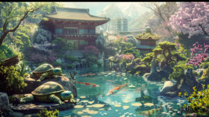 A serene scene of the Ninja Turtles meditating in a tranquil, Japanese inspired garden, with cherry blossoms and a koi pond