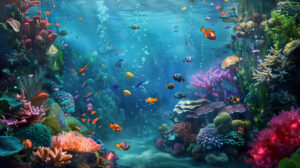 A serene underwater scene with tropical fish swimming among coral reefs, showcasing the vibrant colors and diversity of marine life