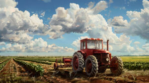 A serene wallpaper captures the essence of a historical setting with an aged crimson tractor resting in a field surrounded by lush rows of crops disappearing into the distance