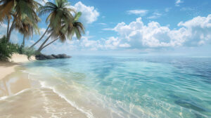 A serene wallpaper capturing a scenic beach with swaying palm trees clear turquoise waters and a soft sandy shore