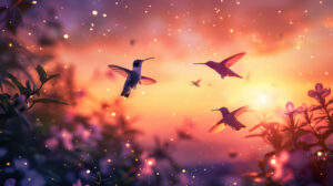 A serene wallpaper featuring softly glowing hummingbirds set against a twilight sky with twinkling stars in the background
