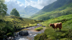 A serene wallpaper showcasing a Highland cow near a glistening stream backed by majestic mountains and vibrant greenery