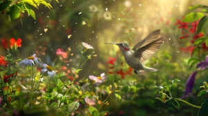 A serene wallpaper showcasing a hummingbird garden with the birds darting among colorful flowers and green foliage their wings a blur in the dappled sunlight