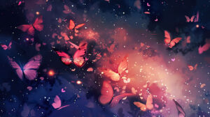 A serene wallpaper showcasing delicate pink butterflies softly radiating amidst a dark starry backdrop creating a magical night ambiance