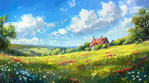 A serene wallpaper showcasing scenic countryside beauty lush green hills a charming farmhouse and a meadow of wildflowers under a clear blue sky