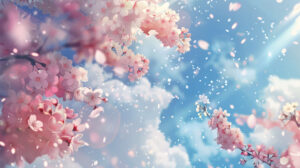 A serene wallpaper showcasing the dreamy sight of cherry blossoms in full bloom their petals falling delicately akin to snowflakes against a soft blue sky
