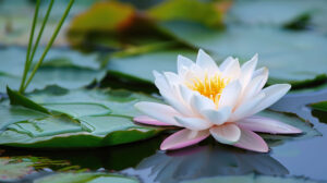 A single lotus flower in full bloom gracefully floats on the tranquil surface of a serene pond in this wallpaper