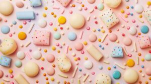 A soft pastel background highlights a variety of sprinkle shapes and sizes in a rainbow of colors in this wallpaper
