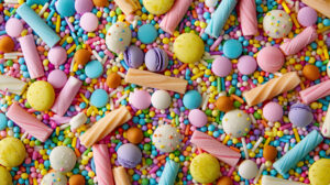 A soft pastel background hosts a diverse array of sprinkle shapes and sizes in a multitude of colors resembling a repeating rainbow pattern