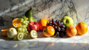 A sophisticated arrangement of fruits on a marble countertop is gracefully illuminated by soft natural light showcasing their colors and shapes in a beautiful wallpaper