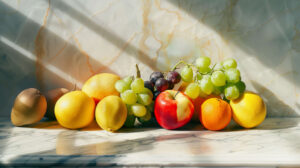 A sophisticated arrangement of fruits on a sleek marble surface bathed in gentle natural light that accentuates their form and hues