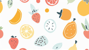 A sophisticated design featuring a minimalist arrangement of fruits in soft pastel hues on a white backdrop achieving a chic and polished aesthetic