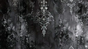 A sophisticated wallpaper showcasing intricate Gothic lace designs and ornate Victorian frames on a deep black backdrop