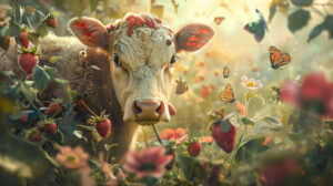 A strawberry cow amidst butterflies and bees with a serene backdrop captured in a dreamy wallpaper titled Strawberry Meadow