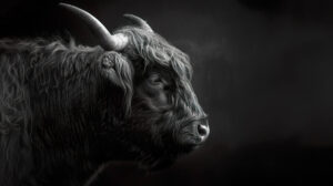 A striking black and white wallpaper showcasing a Highland cow capturing the intricate details of its fur and the rugged texture of its horns