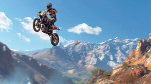 A striking wallpaper featuring a daredevil dirt bike rider soaring high in mid air against a backdrop of rugged mountains and a vivid blue sky
