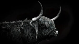 A stunning black and white wallpaper featuring a Highland cow showcasing the intricate fur details and rugged texture of its horns