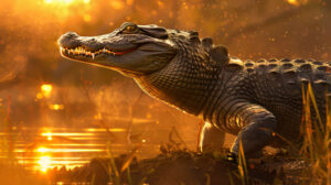 A stunning wallpaper captures a crocodile standing on a riverbank under the setting sun its rough scales illuminated by a golden glow