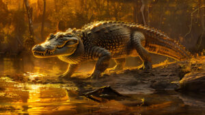 A stunning wallpaper capturing a crocodile majestically positioned by the riverbank illuminated by the golden hues of the setting sun on its textured scales