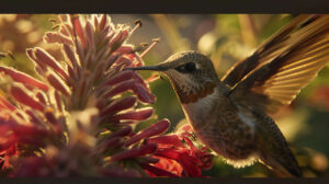 A stunning wallpaper capturing a hummingbird in sharp focus delicately sipping nectar from a flower while highlighting the intricate details of its wings and beak