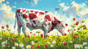 A sunny meadow comes alive with a whimsical wallpaper featuring a cow adorned with strawberry patterned fur grazing amidst strawberry plants